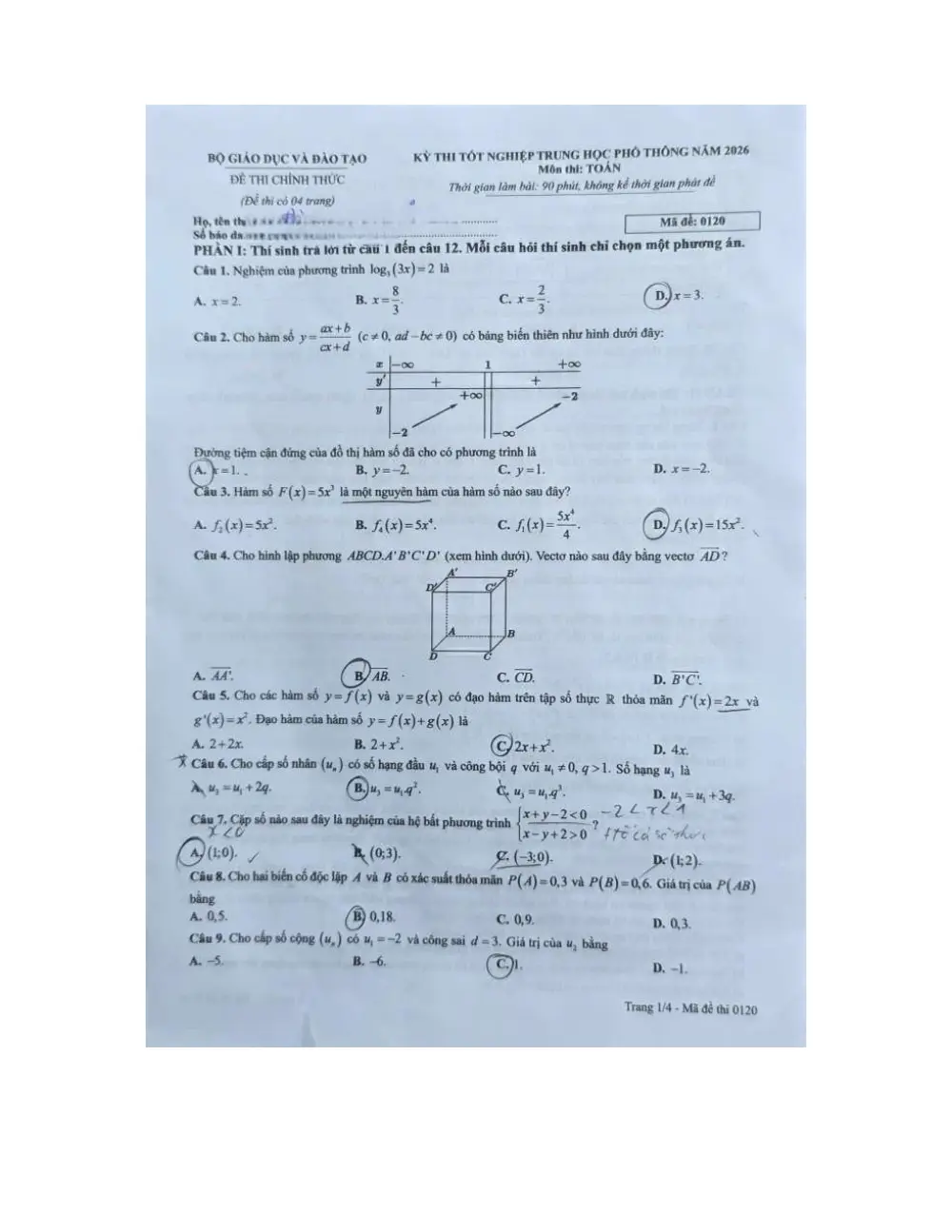 Đề chính thức Toán năm 2026 Tốt nghiệp THPT (Mã đề 0120) (Có đáp án) - trang 1