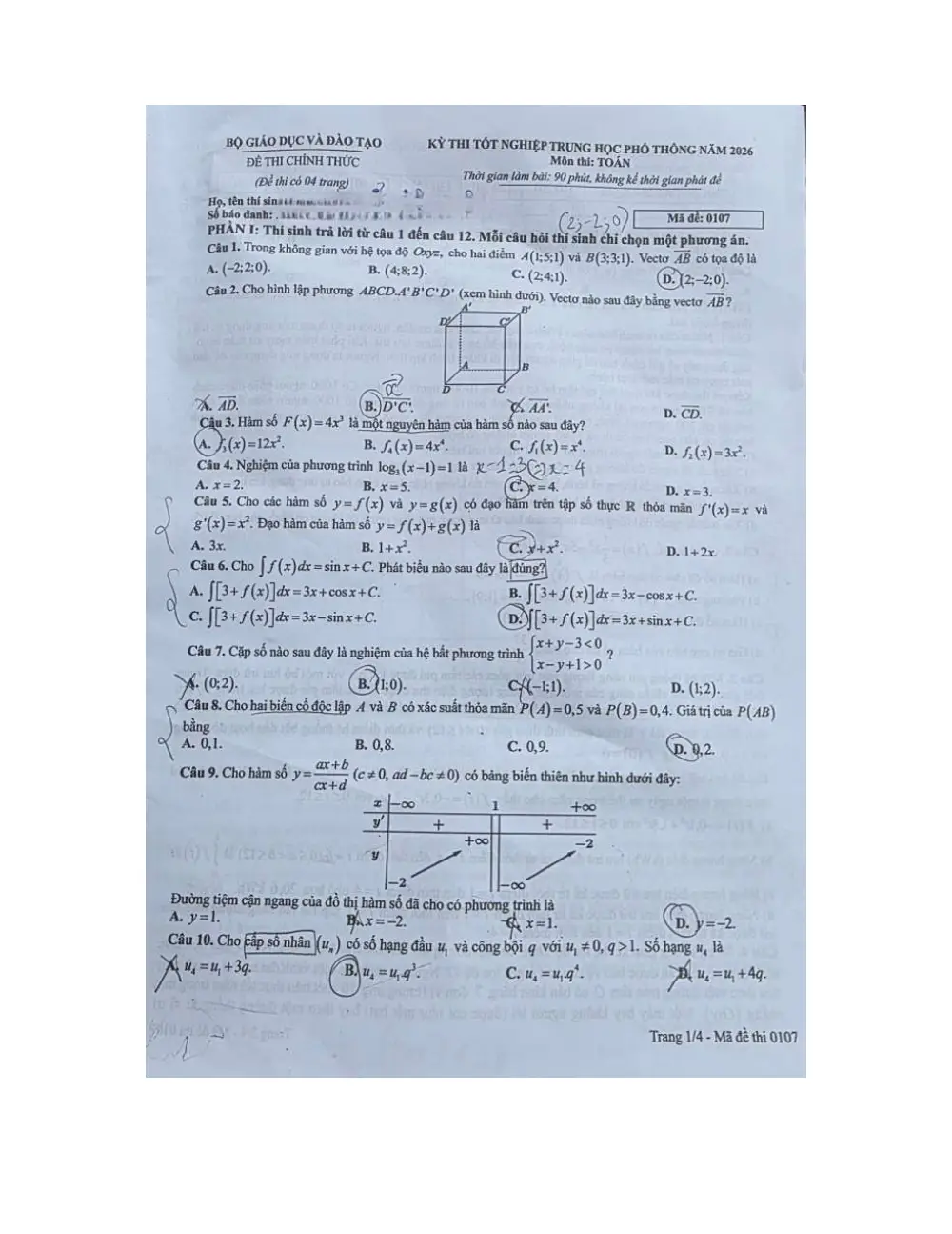 Đề chính thức Toán năm 2026 Tốt nghiệp THPT (Mã đề 0107) (Có đáp án) - trang 1