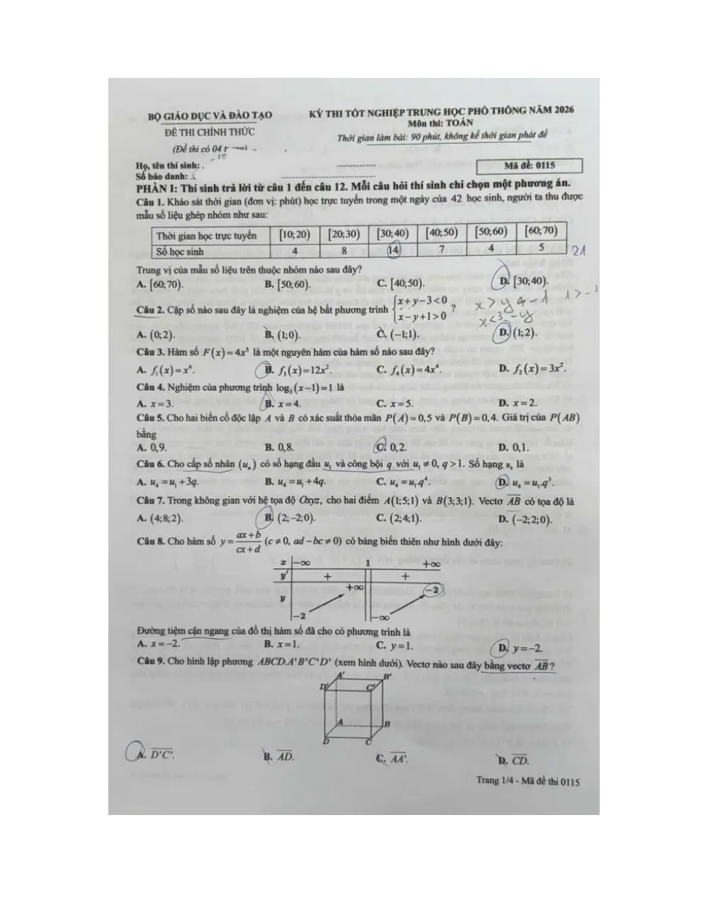 Đề chính thức Toán năm 2026 Tốt nghiệp THPT (Mã đề 0115) (Có đáp án) - trang 1