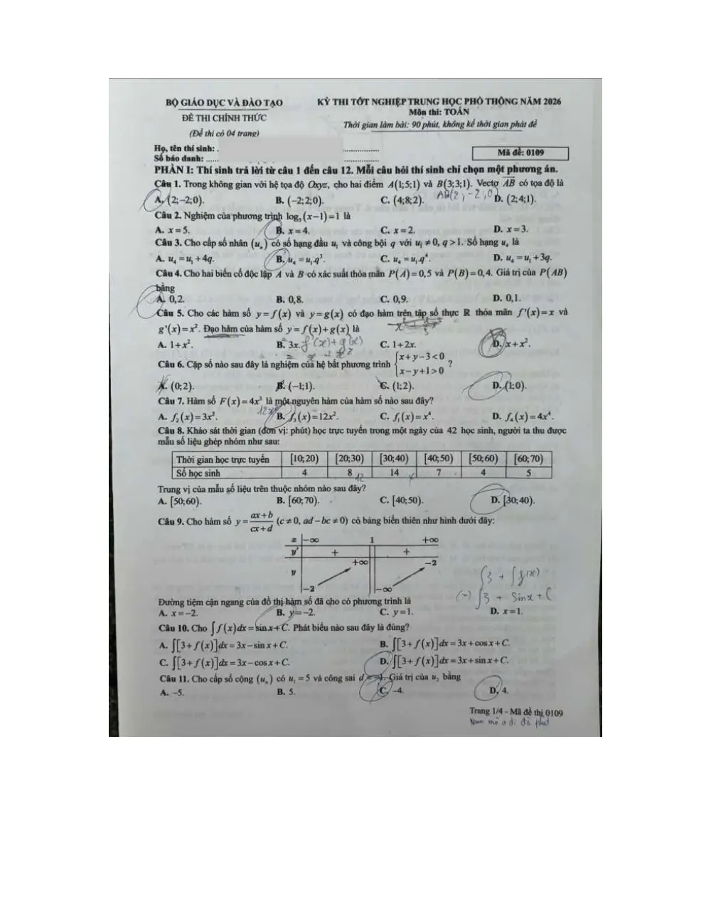Đề chính thức Toán năm 2026 Tốt nghiệp THPT (Mã đề 0109) (Có đáp án) - trang 1