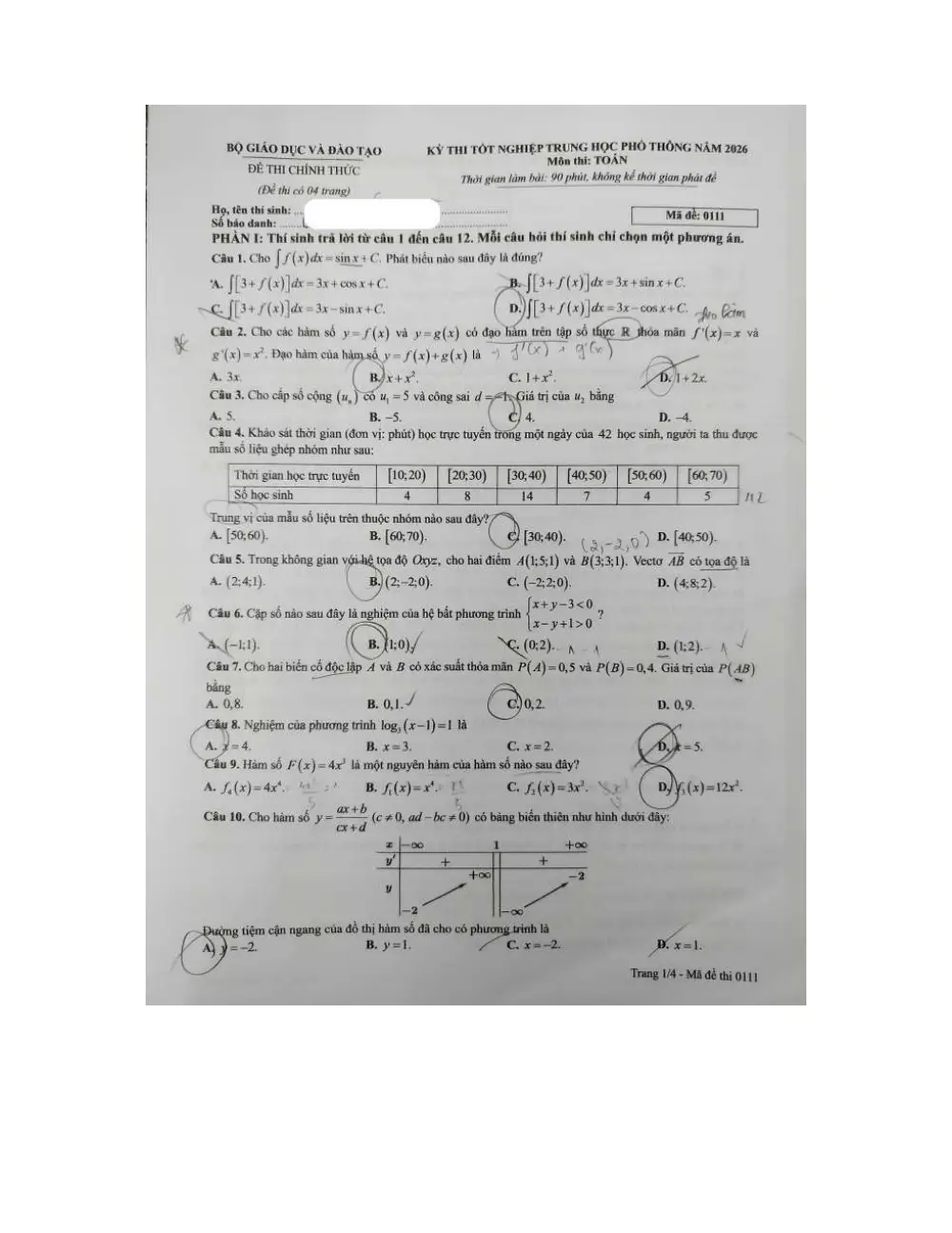 Đề chính thức Toán năm 2026 Tốt nghiệp THPT (Mã đề 0111) (Có đáp án) - trang 1