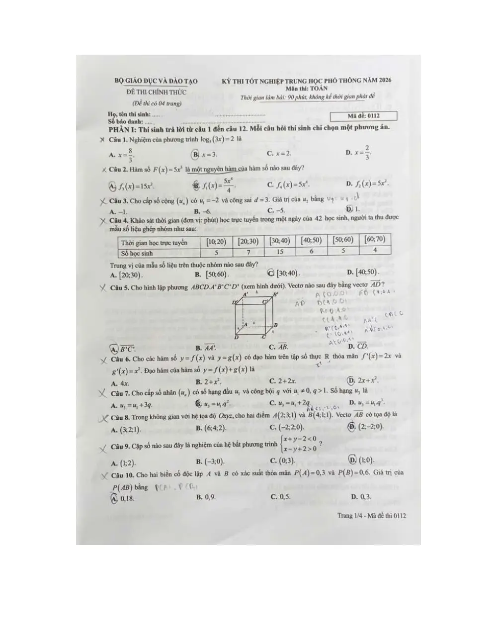 Đề chính thức Toán năm 2026 Tốt nghiệp THPT (Mã đề 0112) (Có đáp án) - trang 1