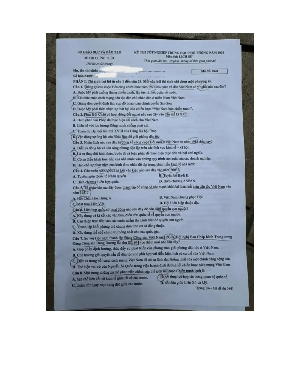 Đề chính thức Lịch sử năm 2026 Tốt nghiệp THPT (Mã đề 0841) - trang 1