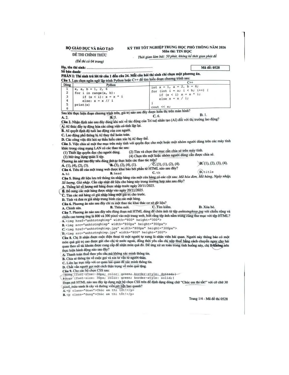 Đề chính thức Tin học năm 2026 Tốt nghiệp THPT (Mã đề 0528) - trang 1