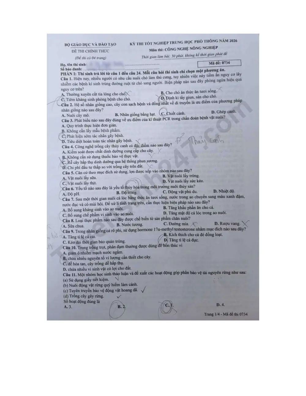 Đề chính thức Công nghệ năm 2026 Tốt nghiệp THPT (Mã đề 0734) (Có đáp án) - trang 1