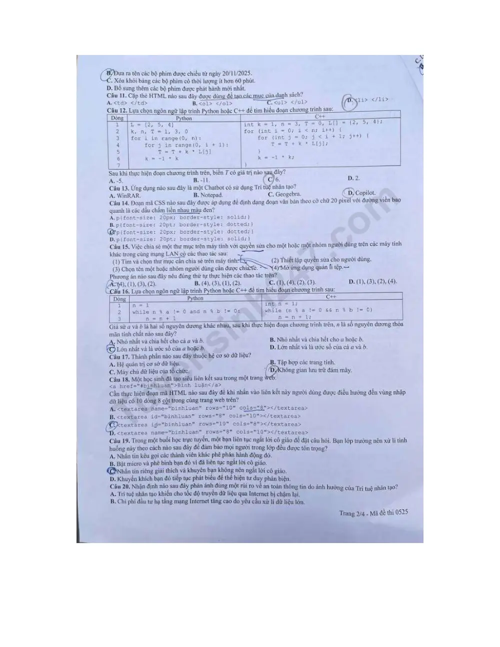 Đề chính thức Tin học năm 2026 Tốt nghiệp THPT (Mã đề 0525) (Có đáp án) - trang 2