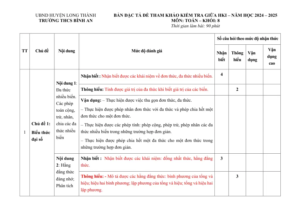 Đề thi Giữa kì 1 Toán 8 năm 2024-2025 trường THCS Bình An (Đồng Nai) - trang 2