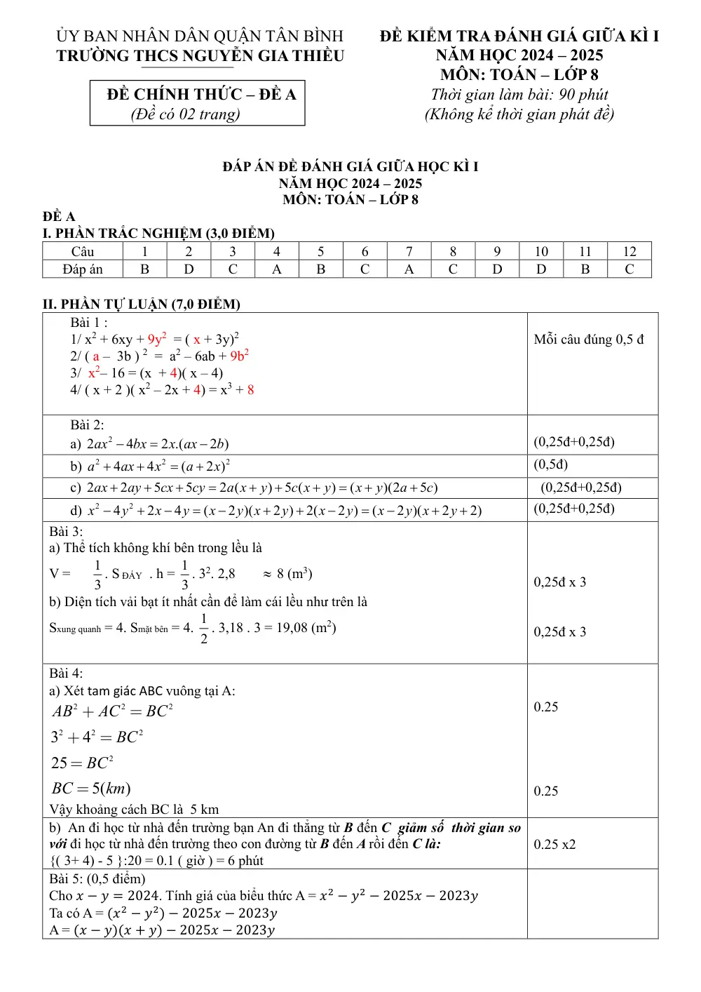 Đề thi Giữa kì 1 Toán 8 năm 2024-2025 trường THCS Nguyễn Gia Thiều (TP Hồ Chí Minh) - trang 3