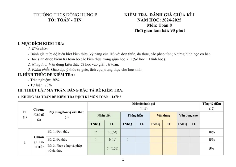 Đề thi Giữa kì 1 Toán 8 năm 2024-2025 trường THCS Đông Hưng B (Kiên Giang) - trang 1