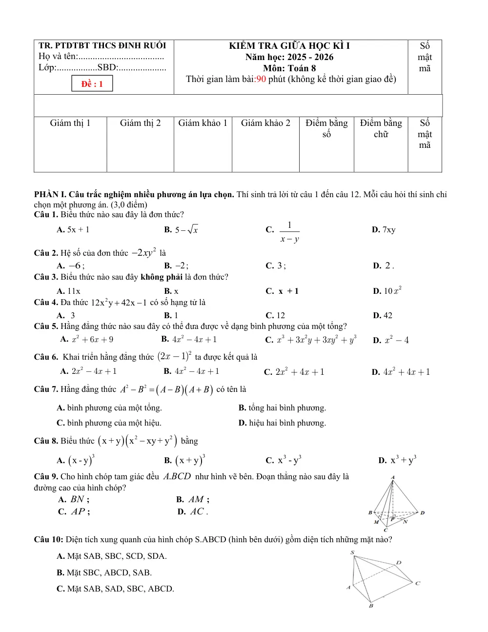 Đề thi Giữa kì 1 Toán 8 năm 2025-2026 trường THCS Đinh Ruối (Gia Lai) - trang 6