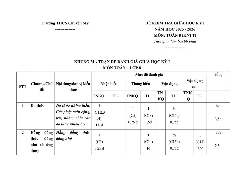 Đề thi Giữa kì 1 Toán 8 năm 2025-2026 trường THCS Chuyên Mỹ (Hà Nội) - trang 1