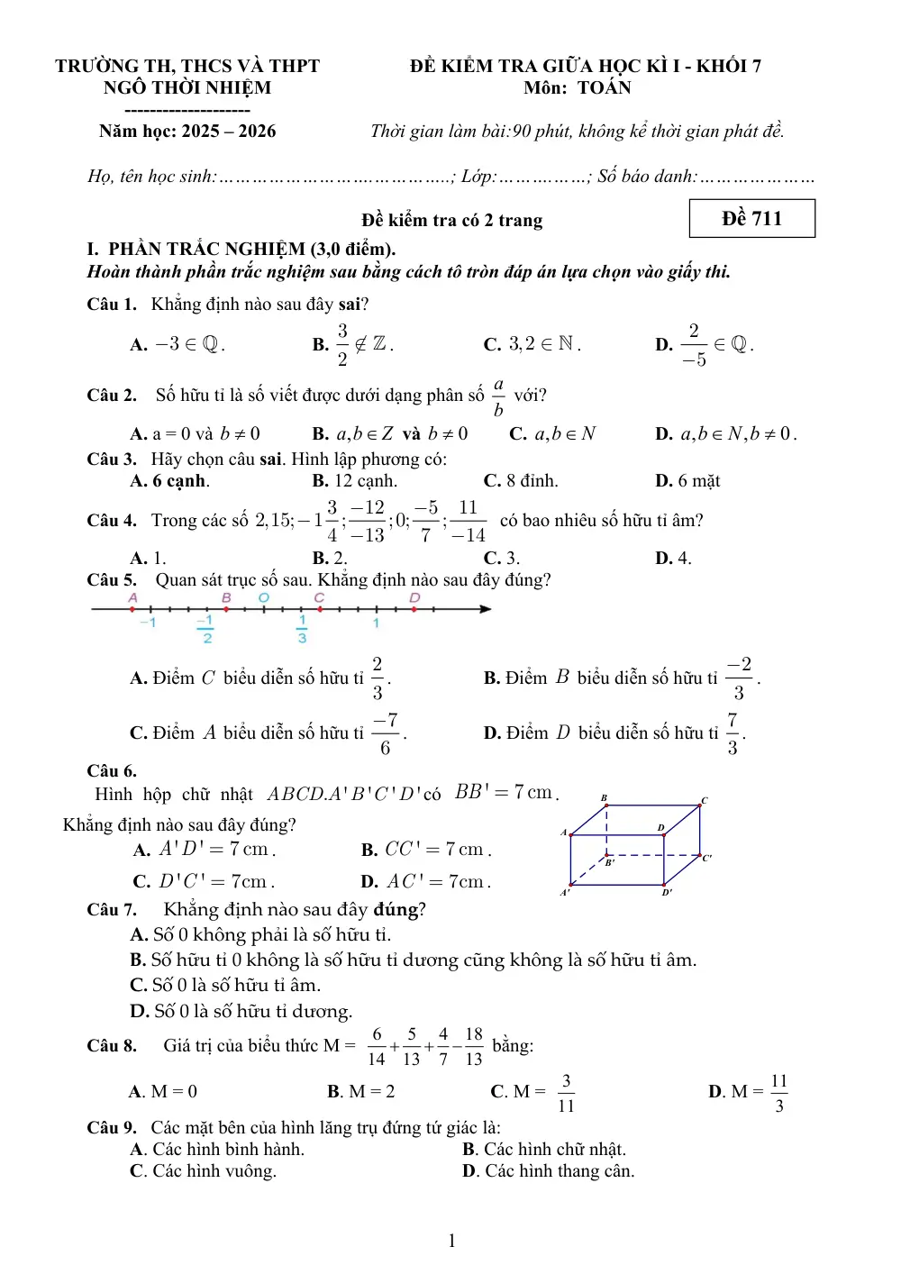 Đề thi Giữa kì 1 Toán 7 năm 2025-2026 trường THCS Ngô Thời Nhiệm (TP Hồ Chí Minh) - trang 1