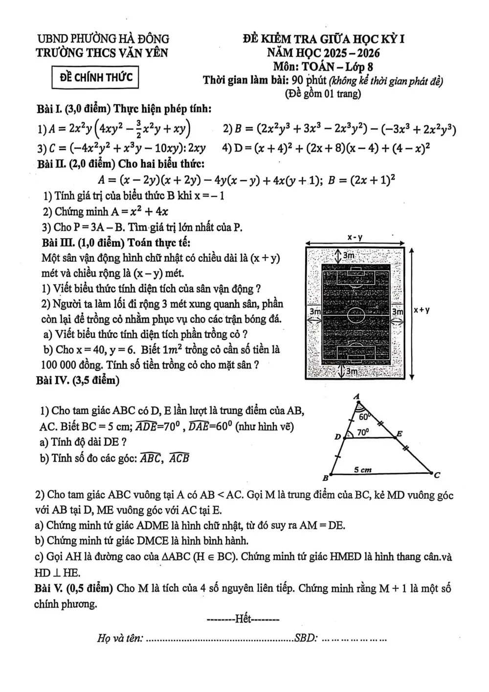 Đề thi Giữa kì 1 Toán 8 năm 2025-2026 trường THCS Văn Yên (Hà Nội) - trang 1