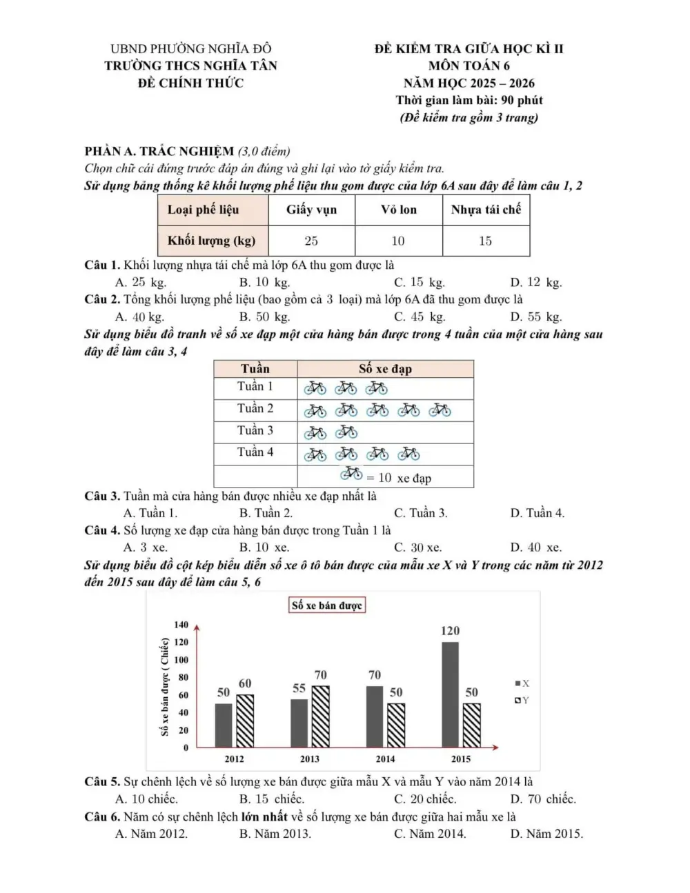 Đề thi Giữa kì 2 Toán 6 năm 2025-2026 trường THCS Nghĩa Tân (Hà Nội) - trang 1