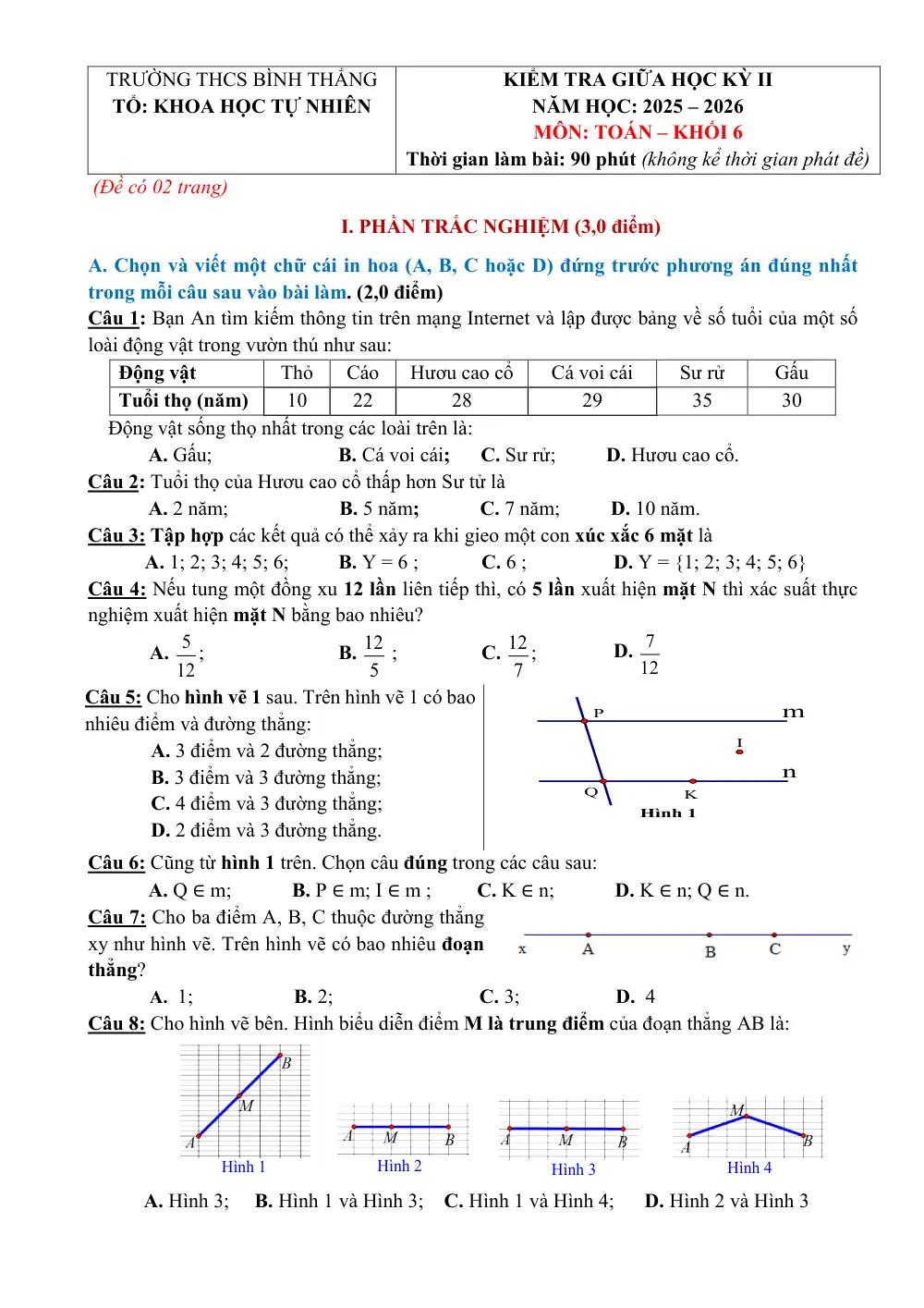 Đề thi Giữa kì 2 Toán 6 năm 2025-2026 trường THCS Bình Thắng (Vĩnh Long) - trang 1