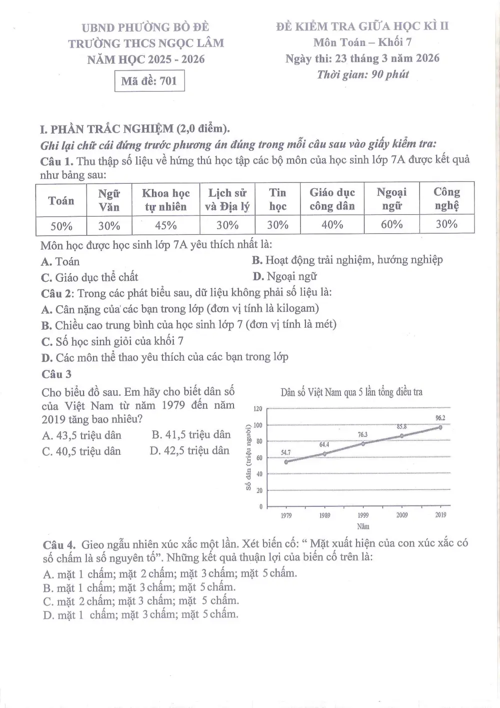 Đề thi Giữa kì 2 Toán 7 năm 2025-2026 trường THCS Ngọc Lâm (Hà Nội) - trang 1