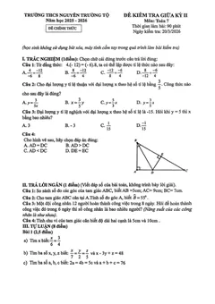 Trang đầu Đề thi Giữa kì 2 Toán 7 năm 2025-2026 trường THCS Nguyễn Trường Tộ (Hà Nội)