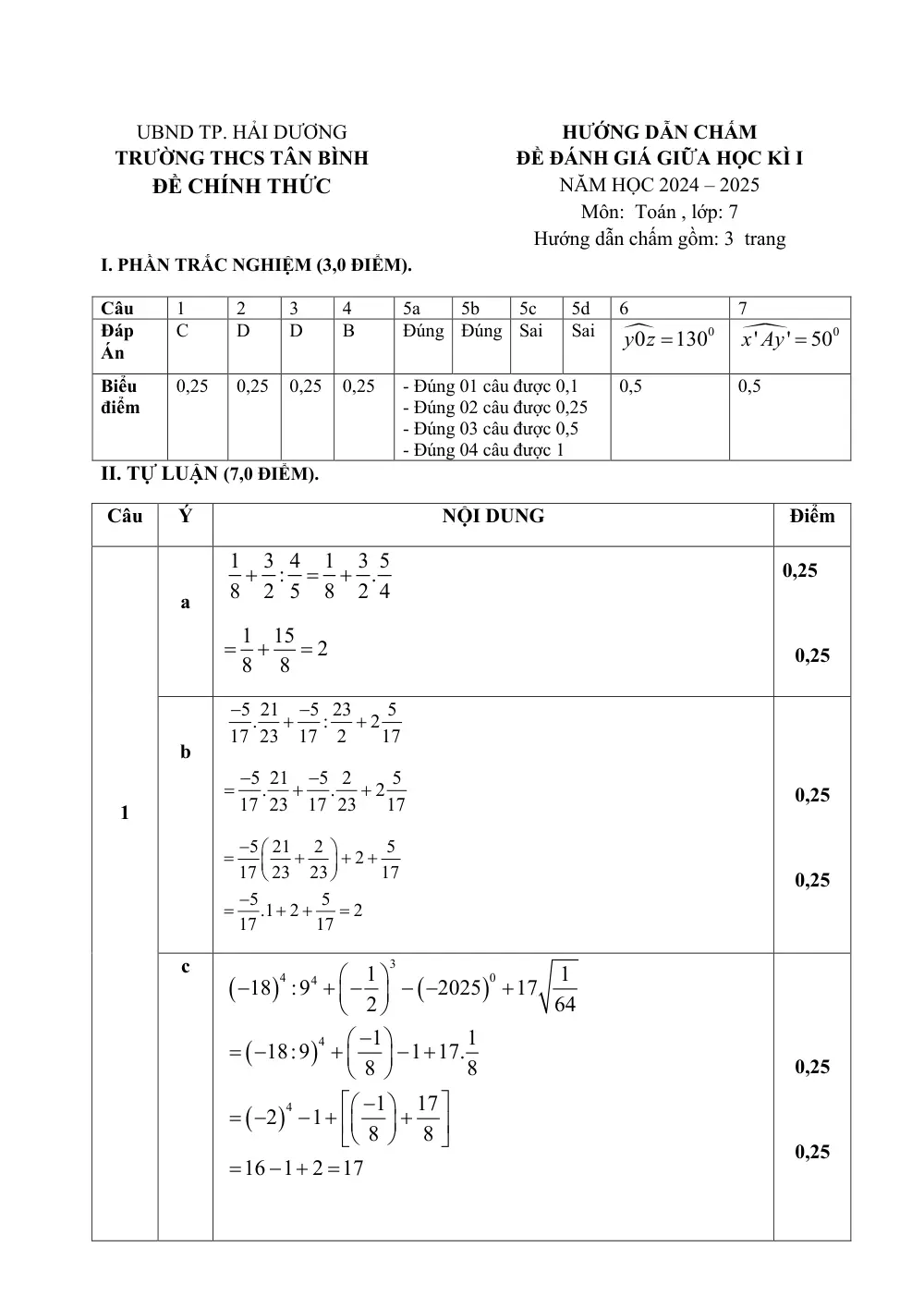 Đề thi Giữa kì 1 Toán 7 năm 2024-2025 trường THCS Tân Bình (Hải Dương) - trang 3