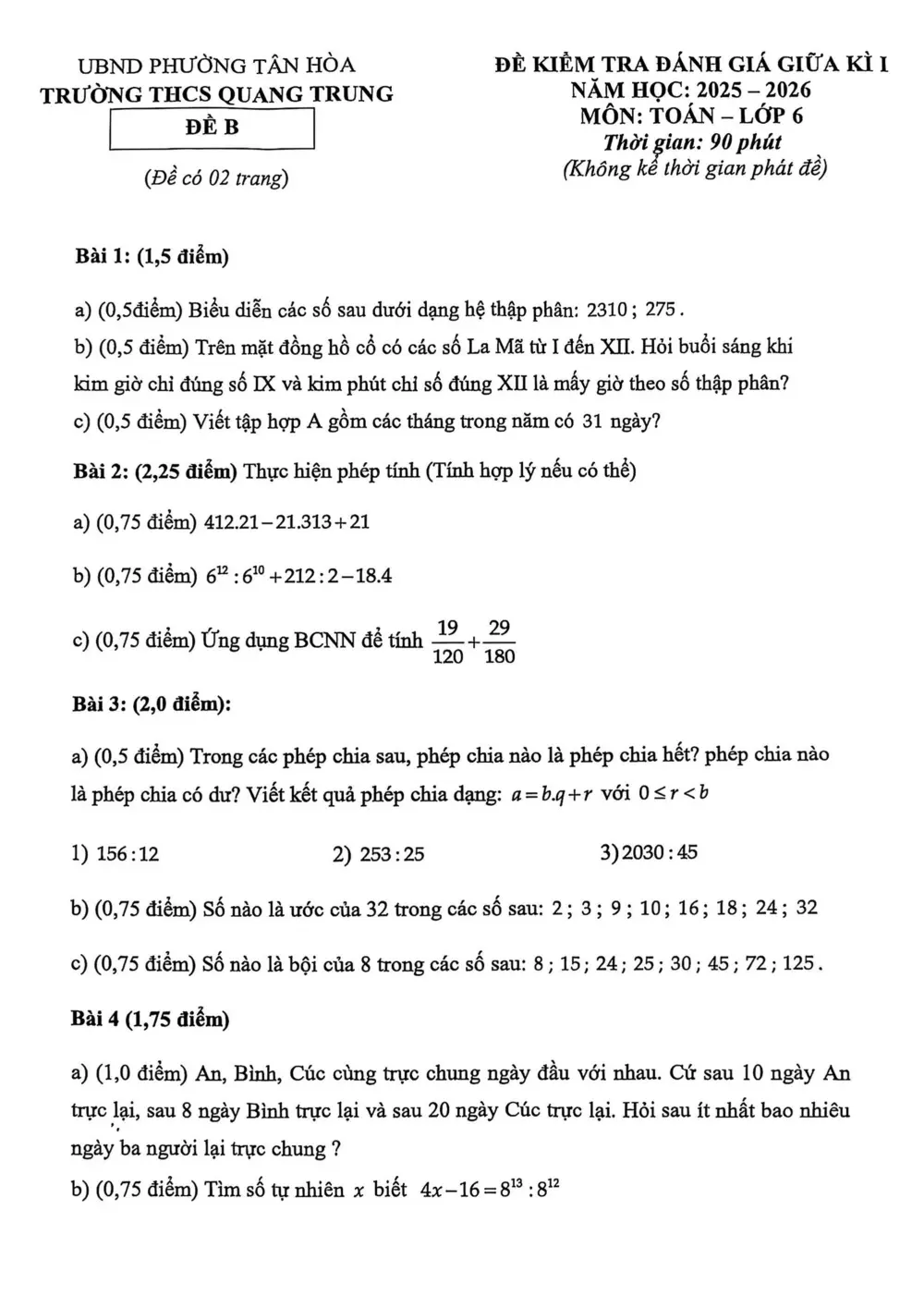 Đề thi Giữa kì 1 Toán 6 năm 2025-2026 trường THCS Quang Trung (TP Hồ Chí Minh) - trang 1