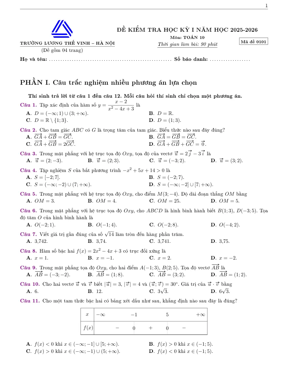 Đề thi Học kì 1 Toán 10 năm 2025-2026 trường THPT Lương Thế Vinh (Hà Nội) - trang 1