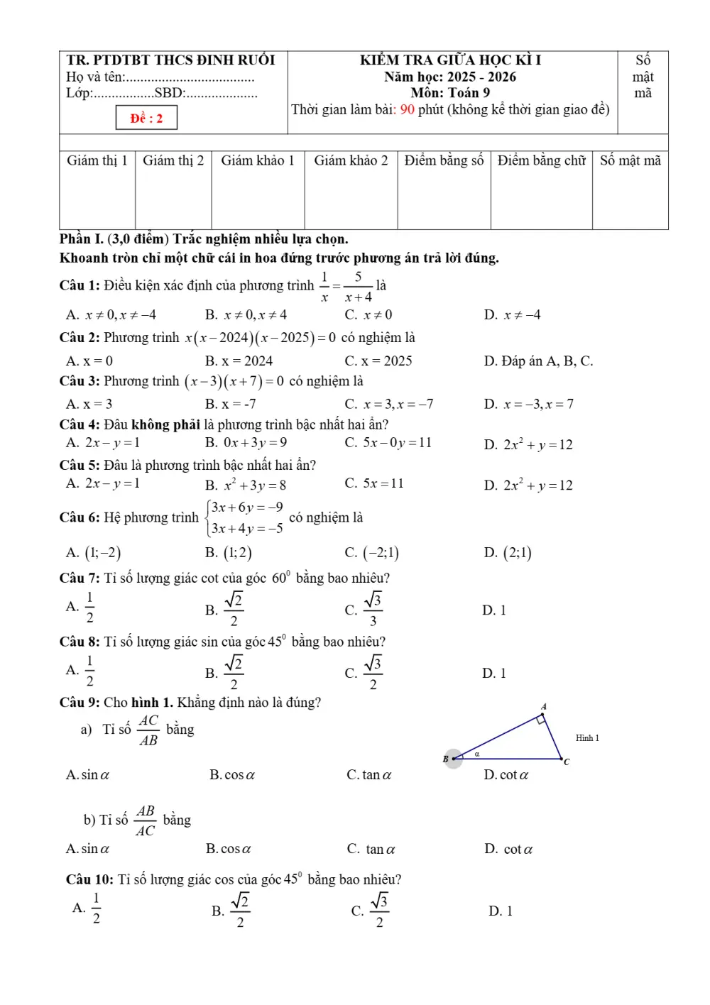 Đề thi Giữa kì 1 Toán 9 năm 2025-2026 trường THCS Đinh Ruối (Gia Lai) - trang 12