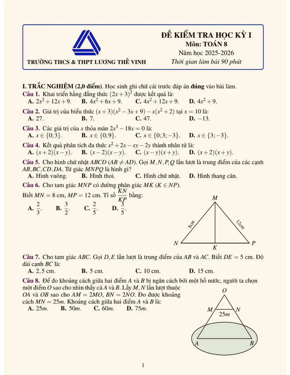 Đề thi Học kì 1 Toán 8 năm 2025-2026 trường THCS&THPT Lương Thế Vinh (Hà Nội) - trang 1