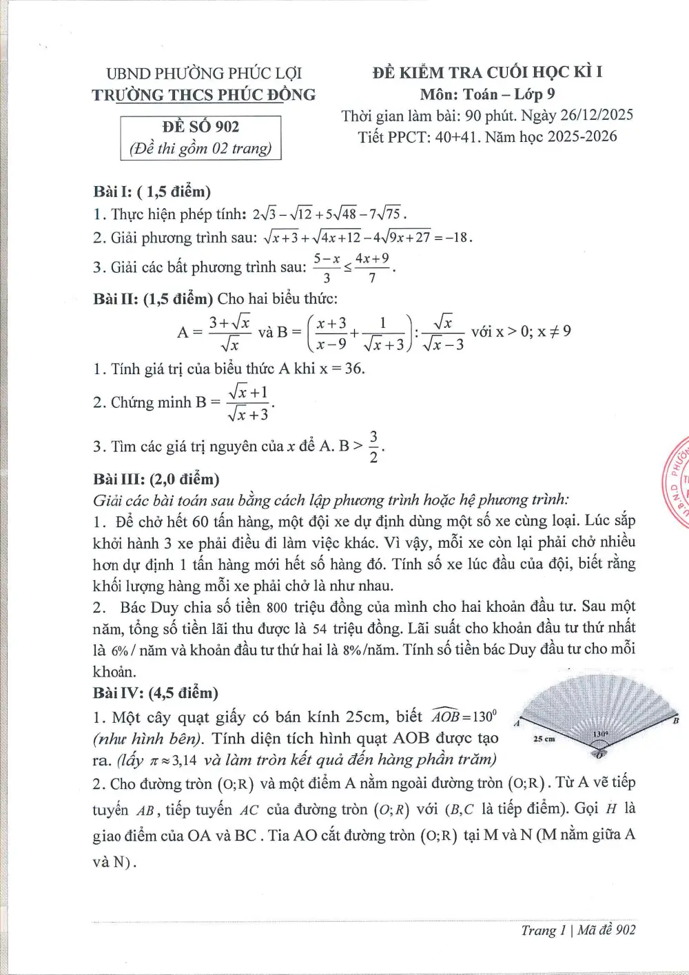 Đề thi Học kì 1 Toán 9 năm 2025-2026 trường THCS Phúc Đồng (Hà Nội) - trang 3