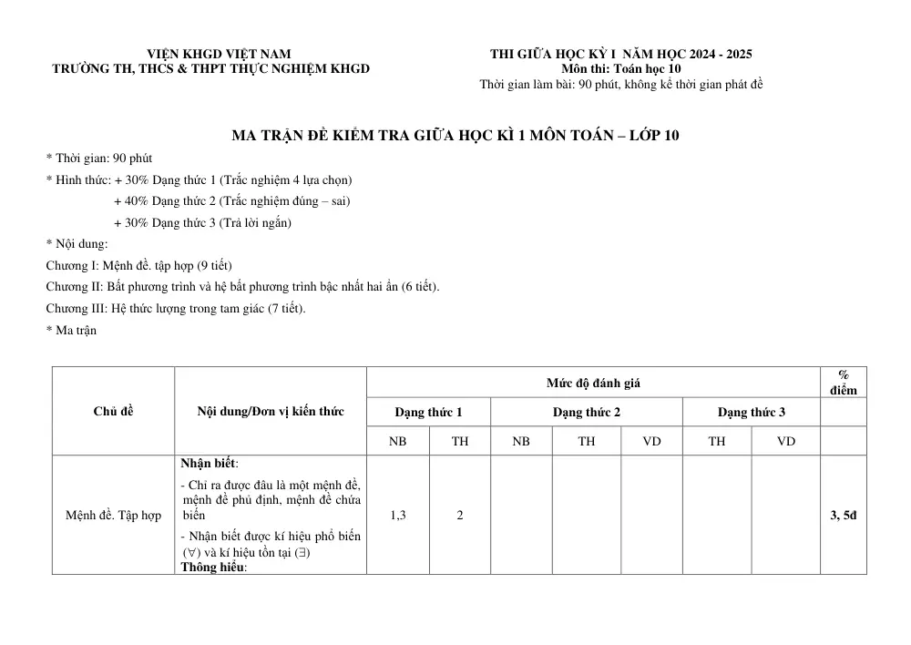 Đề thi Giữa kì 1 Toán 10 năm 2024-2025 trường TH, THCS & THPT Thực Nghiệm KHGD (Hà Nội) - trang 8