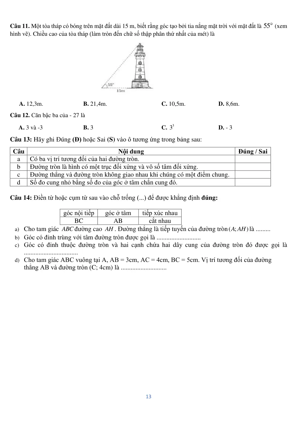 Đề thi Học kì 1 Toán 9 năm 2024-2025 trường TH&THCS Thắng Lợi (Kon Tum) - trang 13