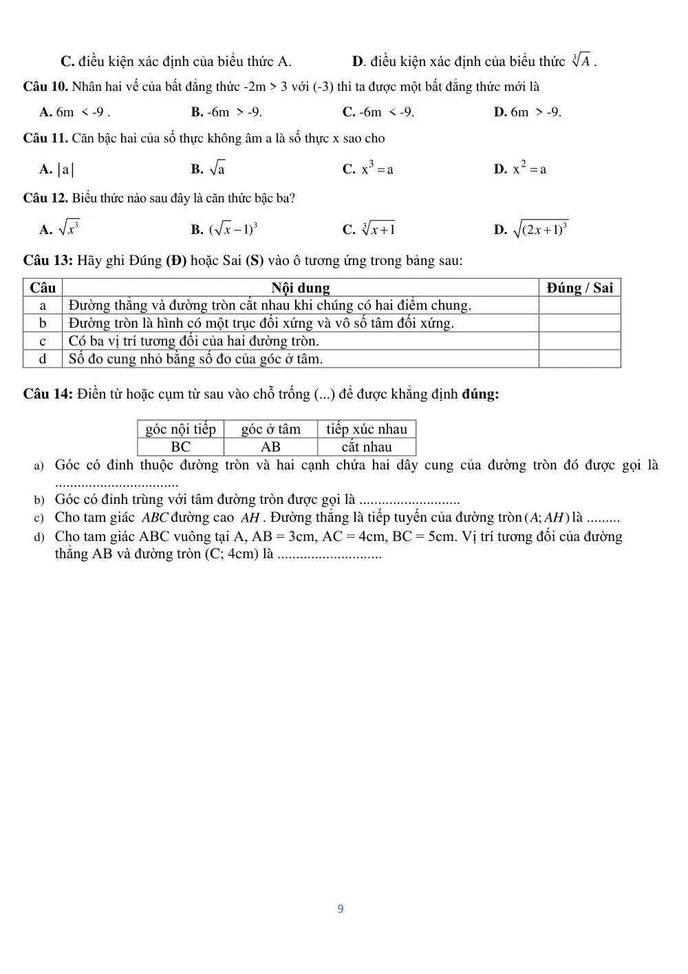 Đề thi Học kì 1 Toán 9 năm 2024-2025 trường TH&THCS Thắng Lợi (Kon Tum) - trang 9