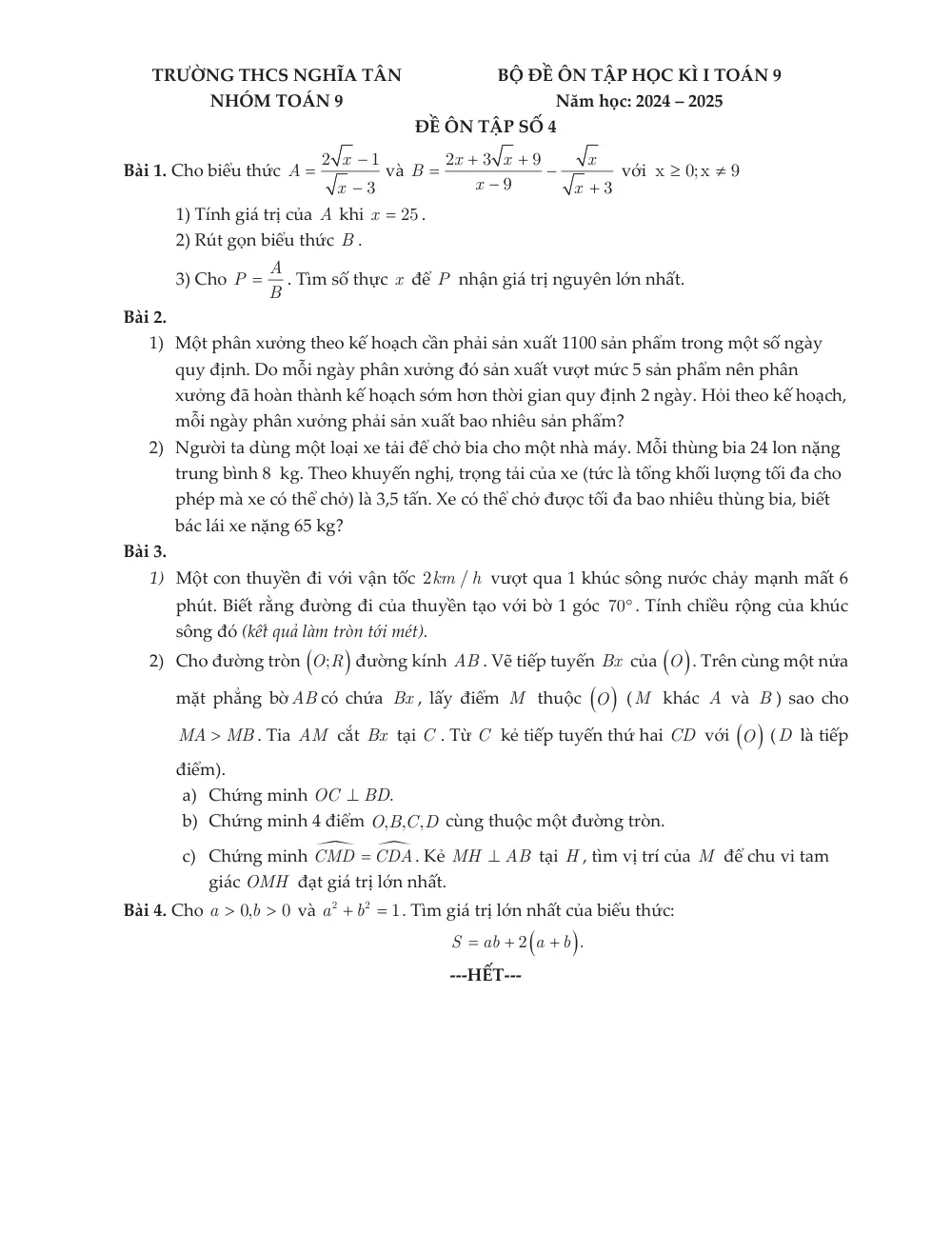 Đề thi Học kì 1 Toán 9 năm 2024-2025 trường THCS Nghĩa Tân (Hà Nội) - trang 4