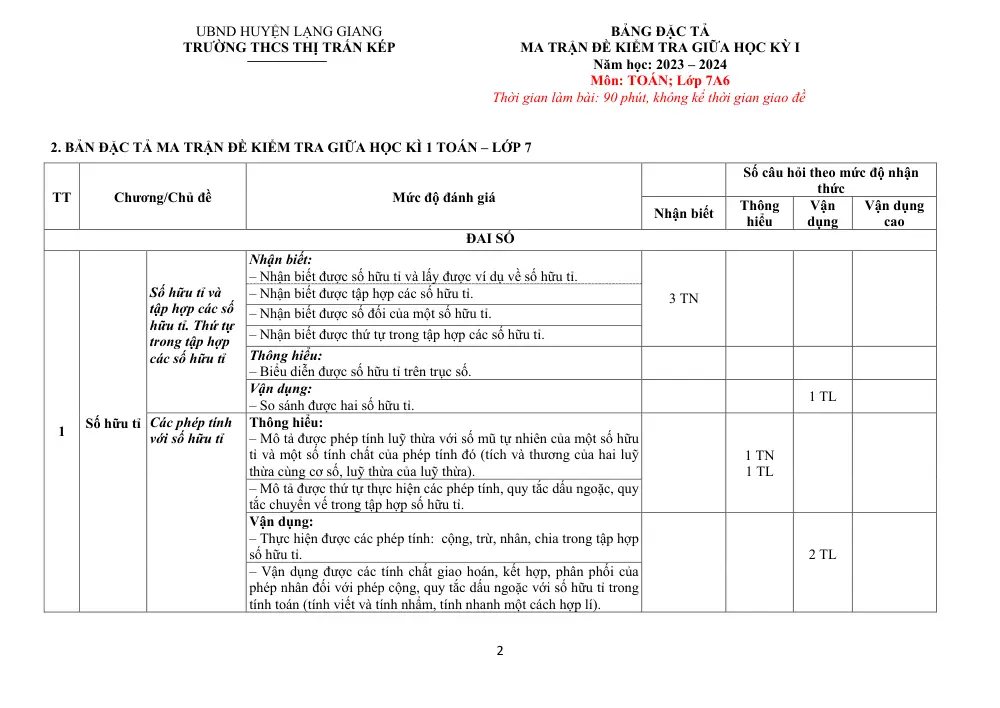 Đề thi Giữa kì 1 Toán 7 năm 2023-2024 trường THCS thị trấn Kép (Bắc Giang) - trang 2