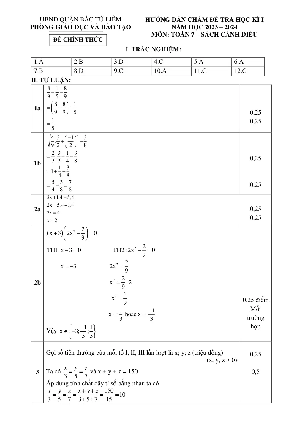 Đề thi Học kì 1 Toán 7 năm 2023-2024 Phòng GD&ĐT Bắc Từ Liêm (Hà Nội) - trang 3