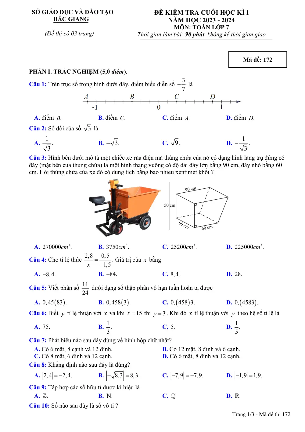 Đề thi Học kì 1 Toán 7 năm 2023-2024 Sở Bắc Giang - trang 4