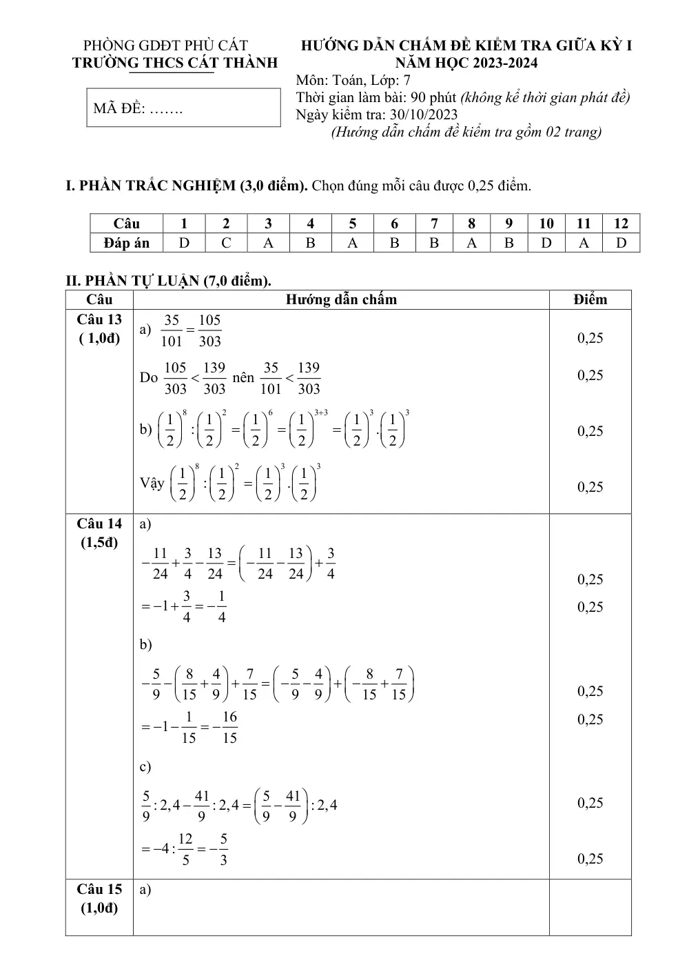 Đề thi Giữa kì 1 Toán 7 năm 2023-2024 trường THCS Cát Thành (Bình Định) - trang 3