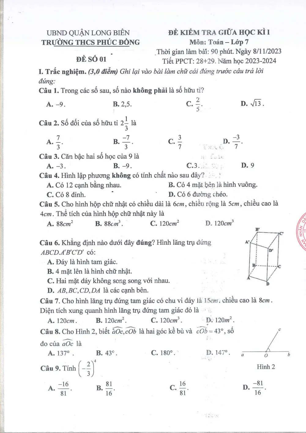 Đề thi Giữa kì 1 Toán 7 năm 2023-2024 trường THCS Phúc Đồng (Hà Nội) - trang 7