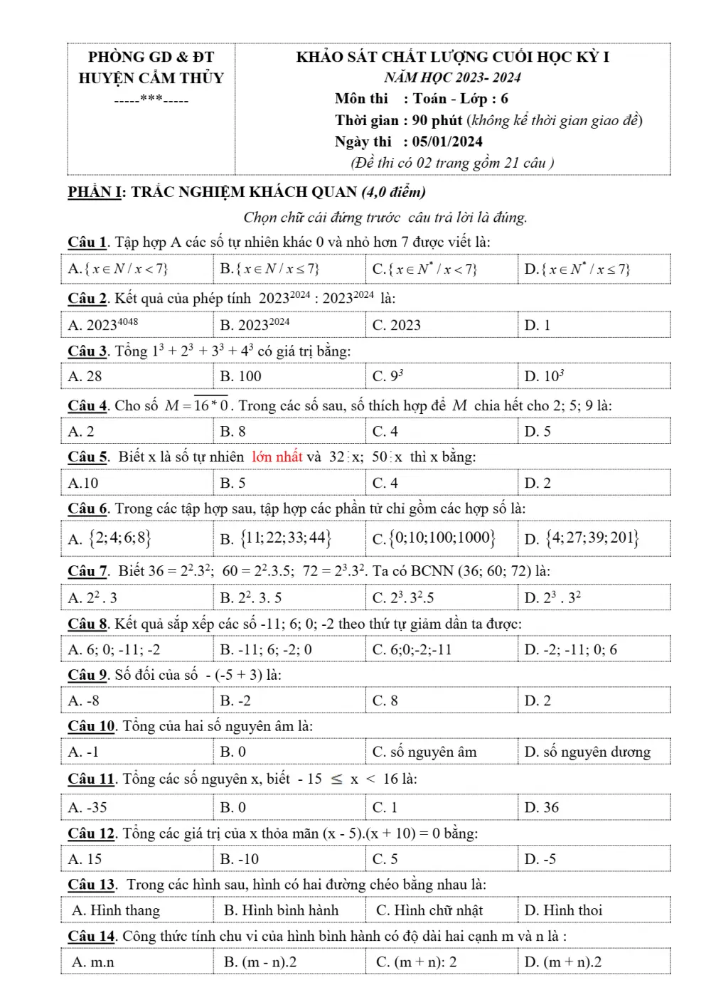 Đề thi Học kì 1 Toán 6 năm 2023-2024 Phòng GD&ĐT Cẩm Thủy (Thanh Hóa) - trang 1