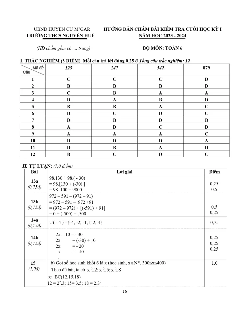 Đề thi Học kì 1 Toán 6 năm 2023-2024 trường THCS Nguyễn Huệ (Đắk Lắk) - trang 16