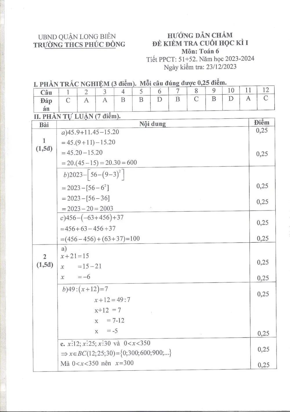 Đề thi Học kì 1 Toán 6 năm 2023-2024 trường THCS Phúc Đồng (Hà Nội) - trang 3