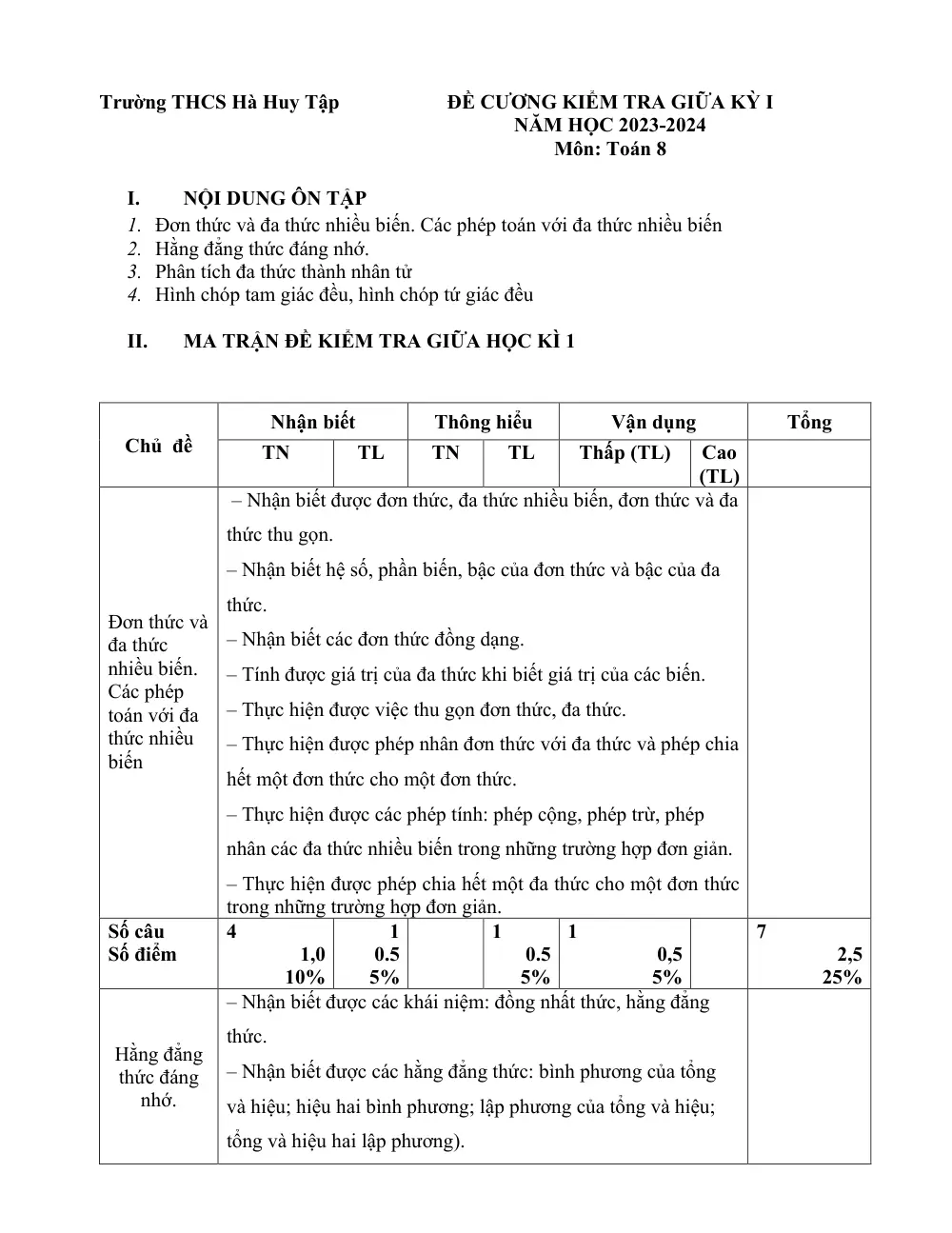 Đề thi Giữa kì 1 Toán 8 năm 2023-2024 trường THCS Hà Huy Tập (Bà Rịa - Vũng Tàu) - trang 1