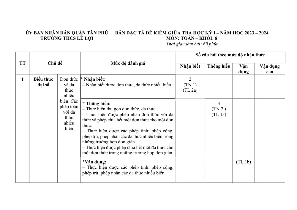Đề thi Giữa kì 1 Toán 8 năm 2023-2024 trường THCS Lê Lợi (TP Hồ Chí Minh) - trang 6