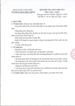 Trang đầu Đề thi Giữa kì 1 Toán 8 năm 2023-2024 trường THCS Phúc Đồng (Hà Nội)