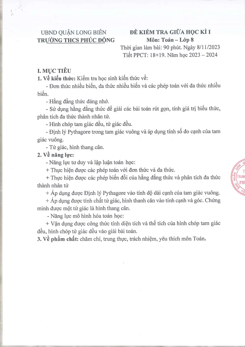 Đề thi Giữa kì 1 Toán 8 năm 2023-2024 trường THCS Phúc Đồng (Hà Nội) - trang 1