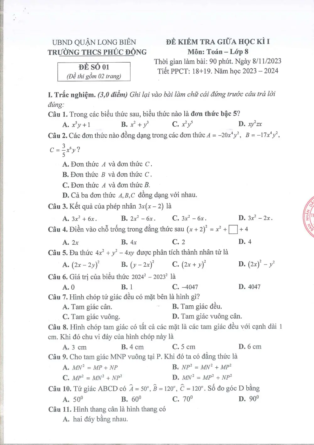 Đề thi Giữa kì 1 Toán 8 năm 2023-2024 trường THCS Phúc Đồng (Hà Nội) - trang 6