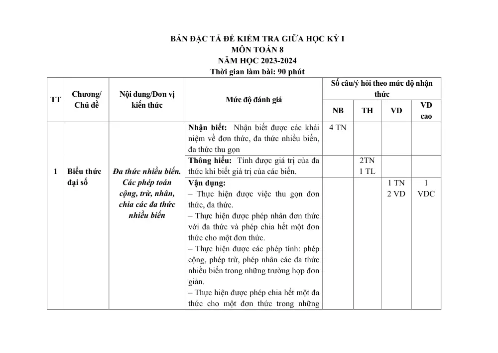 Đề thi Giữa kì 1 Toán 8 năm 2023-2024 trường THCS Việt Tiến (Bắc Giang) - trang 3