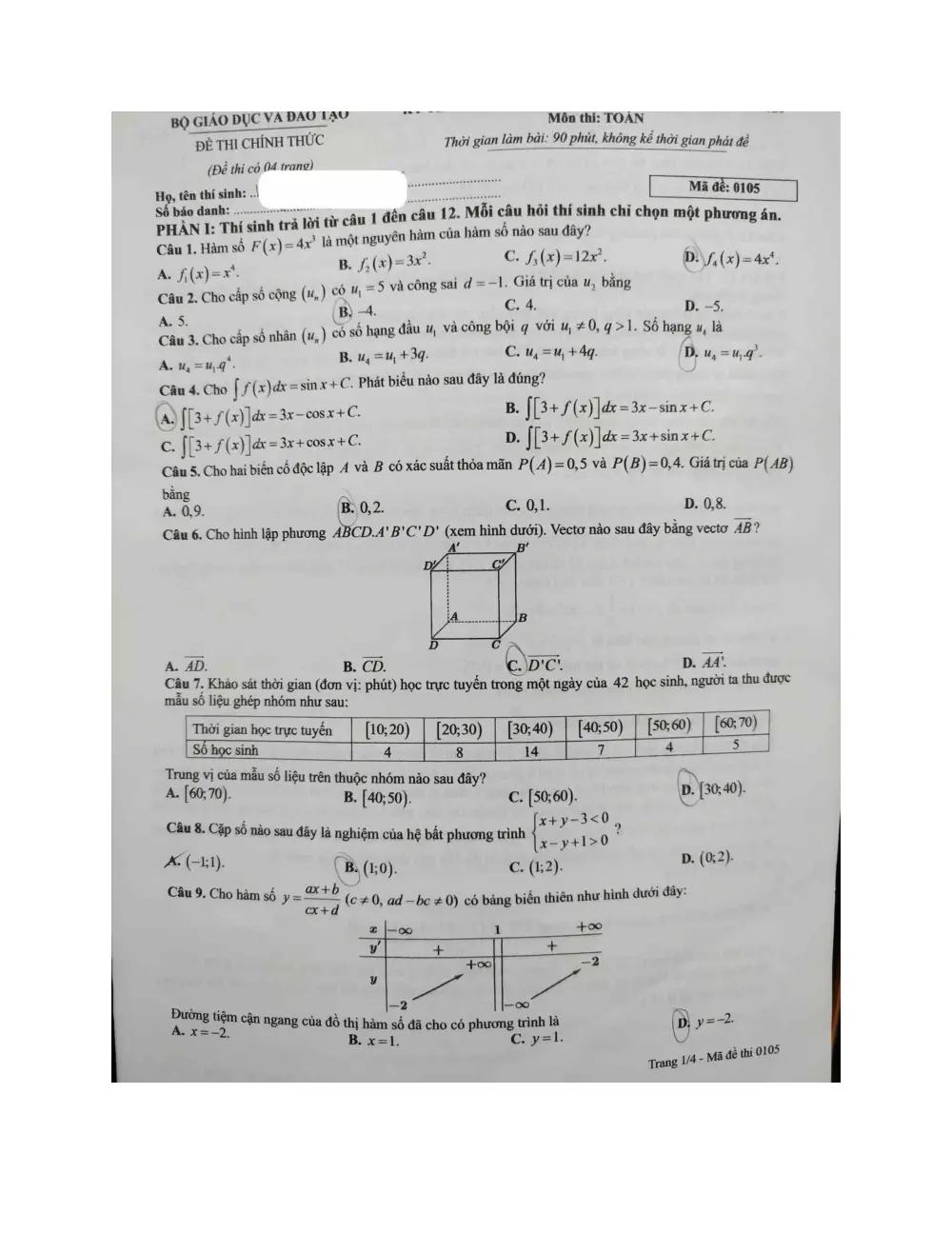 Đề chính thức Toán năm 2026 Tốt nghiệp THPT (Mã đề 0105) (Có đáp án) - trang 1