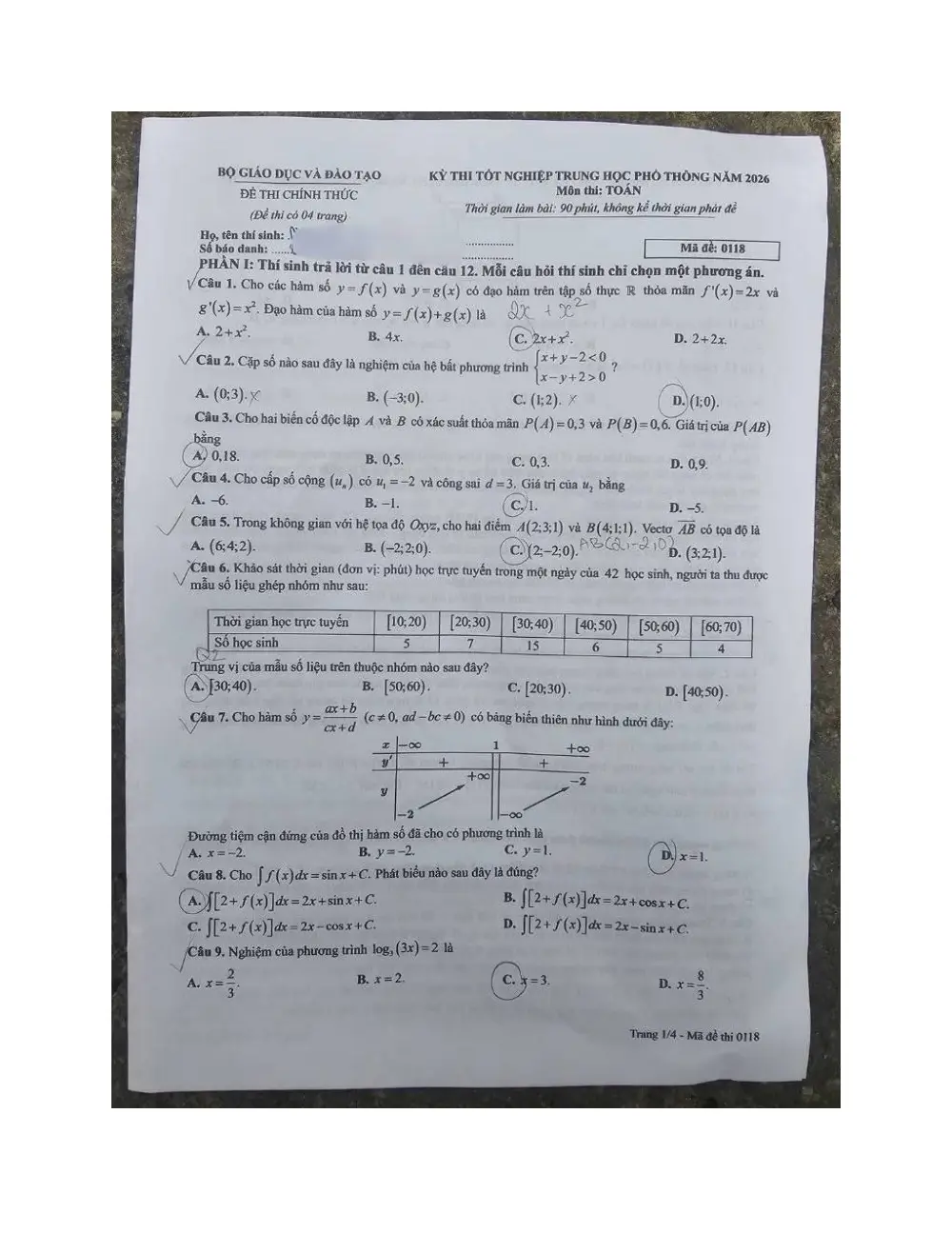 Đề chính thức Toán năm 2026 Tốt nghiệp THPT (Mã đề 0118) (Có đáp án) - trang 1