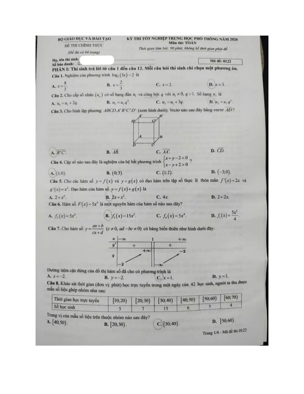 Đề chính thức Toán năm 2026 Tốt nghiệp THPT (Mã đề 0122) (Có đáp án) - trang 1