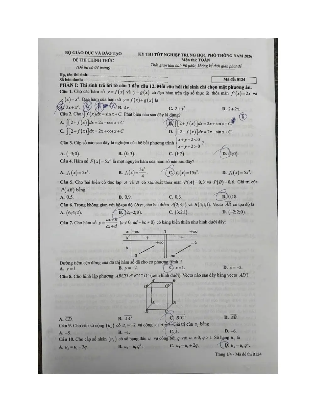 Đề chính thức Toán năm 2026 Tốt nghiệp THPT (Mã đề 0124) (Có đáp án) - trang 1