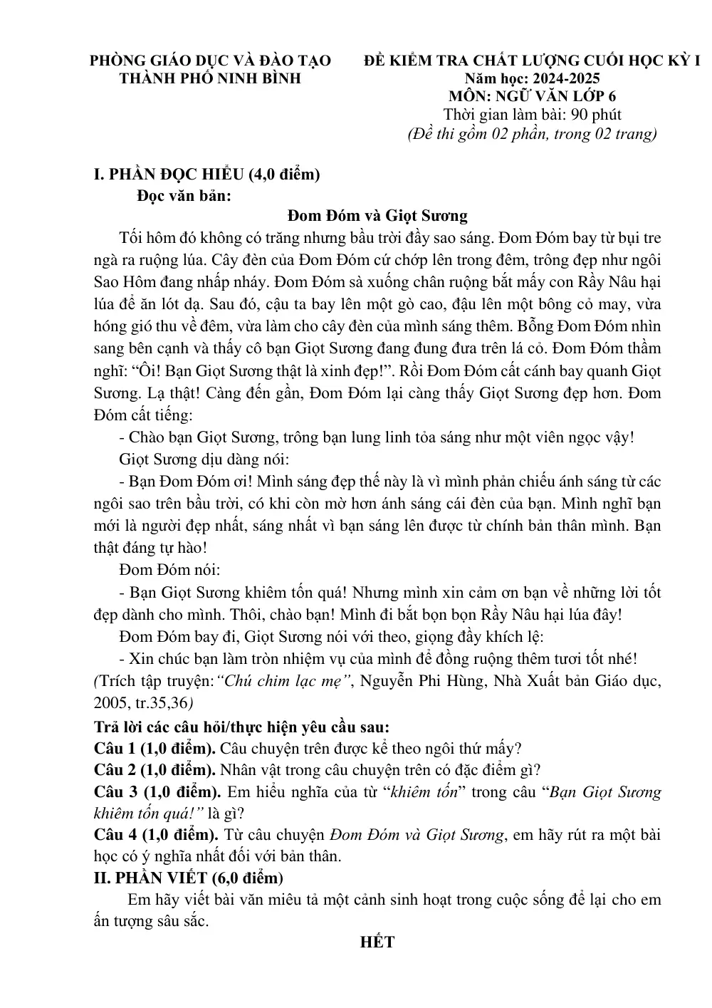 Đề thi Học kì 1 Ngữ văn 6 năm 2024-2025 Phòng GD&ĐT Thành phố Ninh Bình (Ninh Bình) - trang 1